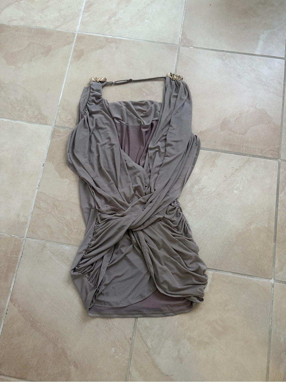 Brand new never worn Draped Mini Dress with Chain Shoulder Detail — Taupe